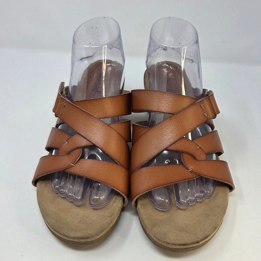 Bjorndal Womens Tan Cognac Strappy Cork Wedge Sandals Hook Loop Closure Size 10